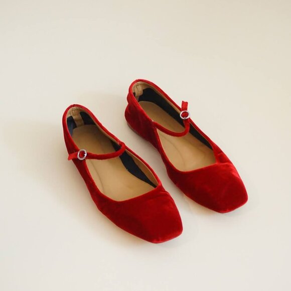 Aeyde Shoes - Aeyde Uma Red Velvet Mary Jane Flats - Size 38